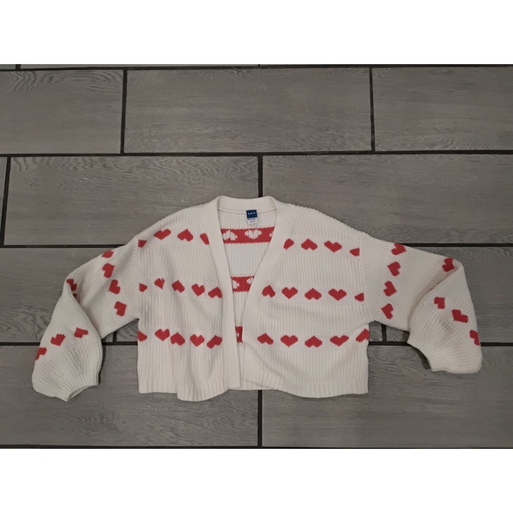 Old Navy Girls White‎ Red Heart Knit Cropped Cardigan Sweater Size 6-7